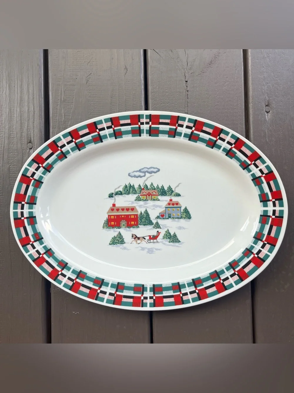 Rare Vintage Lynn’s Christmas Village Plaid Oval Serving Platter Horse Sleigh